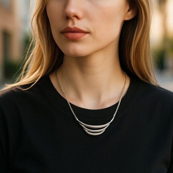 Trifari Necklace Silver Tone Triple Bar Bib Style Signed - Picture 3 of 4